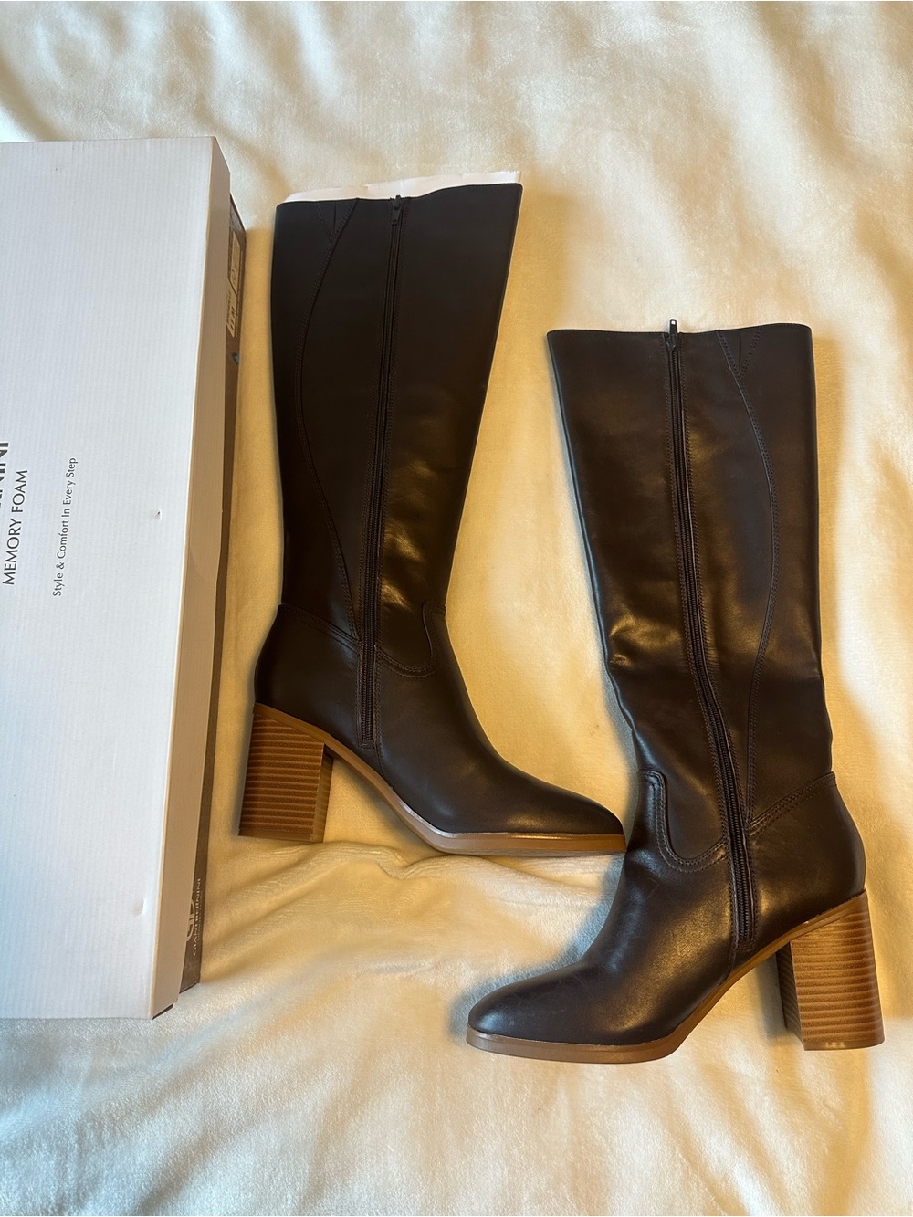 Giani Bernini Black Leather Knee-High Boots with Brown Stacked Heel